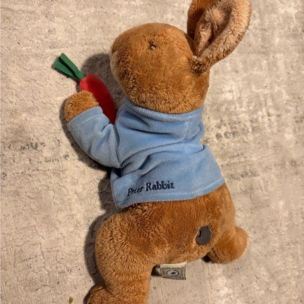 Peter Rabbit Vintage 2003 Plush Toy with Blue Embroidered Jacket and Carrot